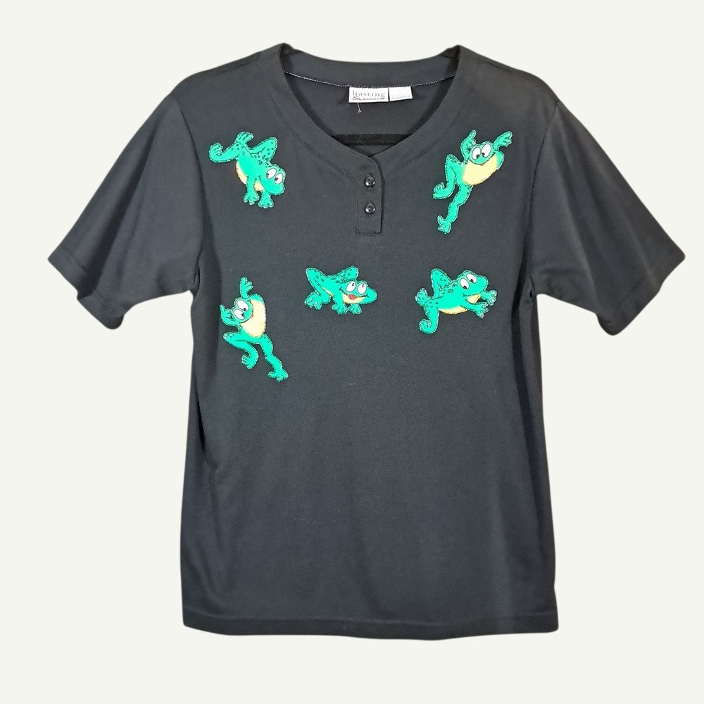 Vtg Henley Tee Women Small Glitter Frogs Black Short Sleeve Shirt USA  Funny 90s